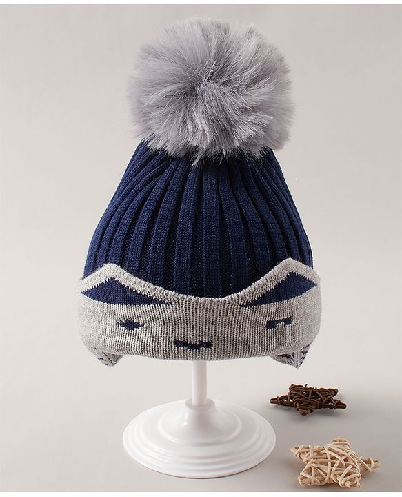 Babyhug  Pom Pom Woollen Cap Large Size - Navy Blue