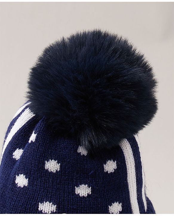 Babyhug Pom Pom Woollen Polka Dotted Cap with Knot Small Size - Navy Blue