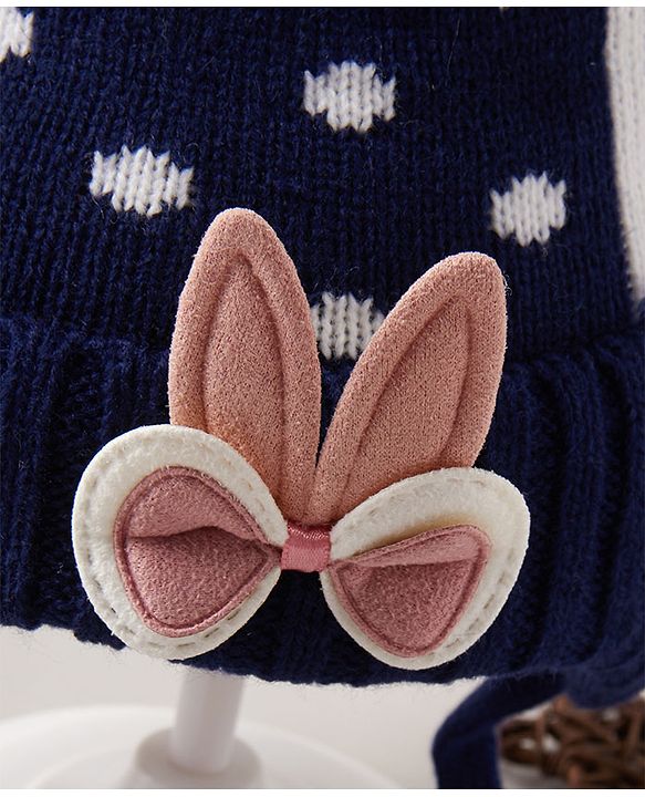 Babyhug Pom Pom Woollen Polka Dotted Cap with Knot Small Size - Navy Blue
