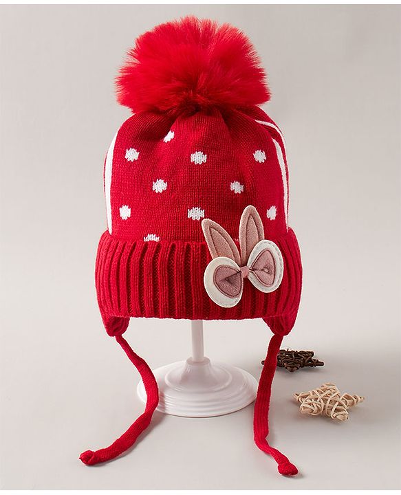 Babyhug Pom Pom Woollen Polka Dotted Cap with Knot Small Size - Red