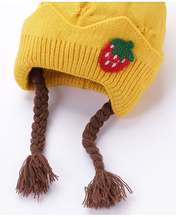 Babyhug Bow Woollen Cap Strawberry Applique Medium Size - Yellow
