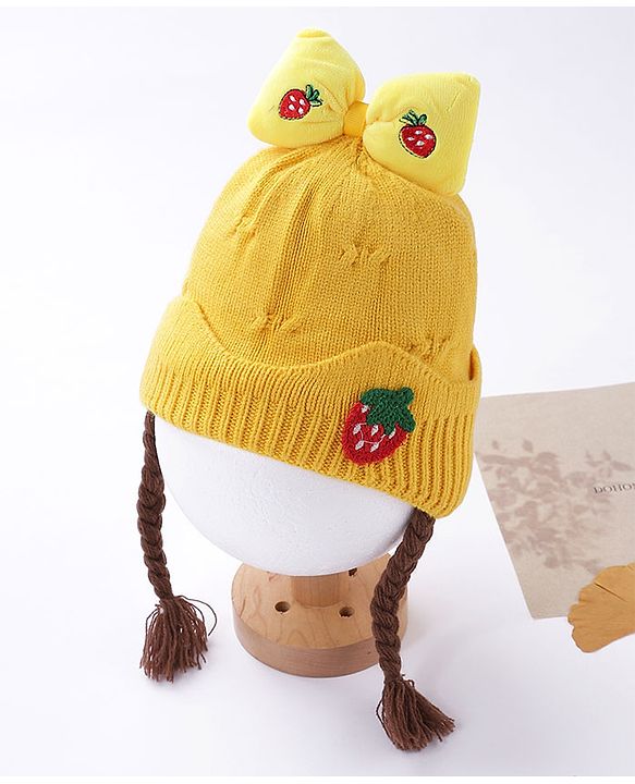 Babyhug Bow Woollen Cap Strawberry Applique Medium Size - Yellow