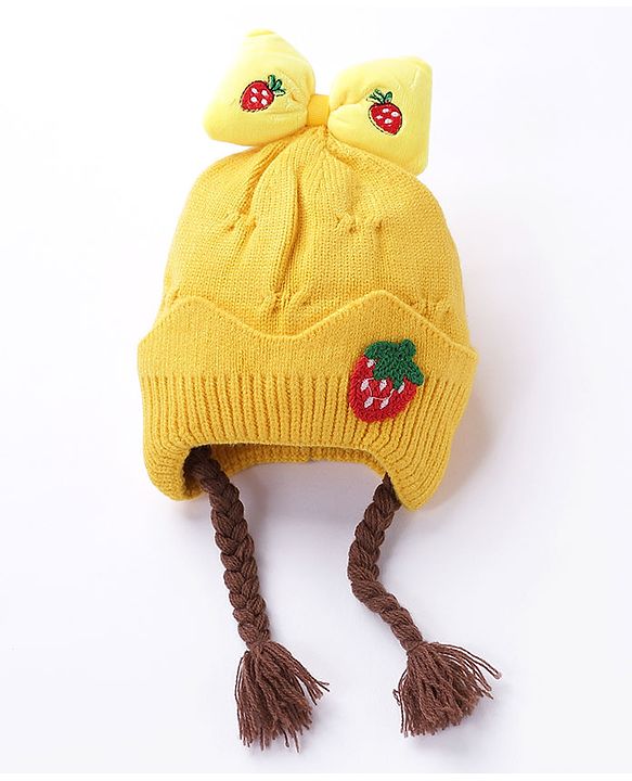 Babyhug Bow Woollen Cap Strawberry Applique Medium Size - Yellow