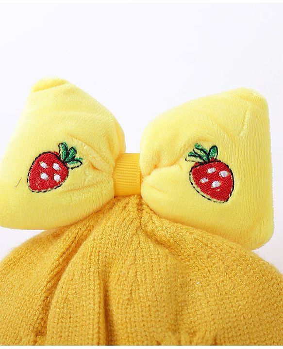 Babyhug Bow Woollen Cap Strawberry Applique Medium Size - Yellow