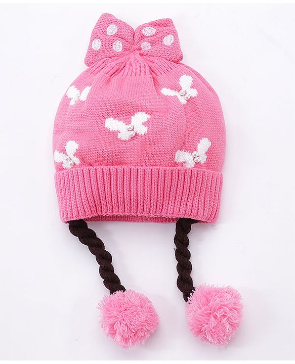 Babyhug Bow Woollen Cap Butterfly Design Medium Size - Pink