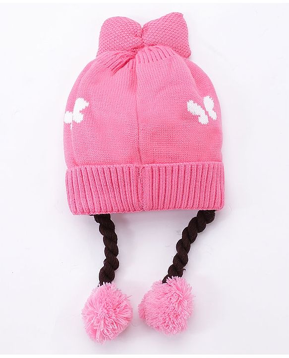 Babyhug Bow Woollen Cap Butterfly Design Medium Size - Pink