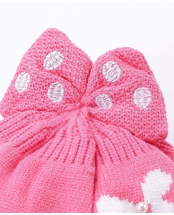 Babyhug Bow Woollen Cap Butterfly Design Medium Size - Pink