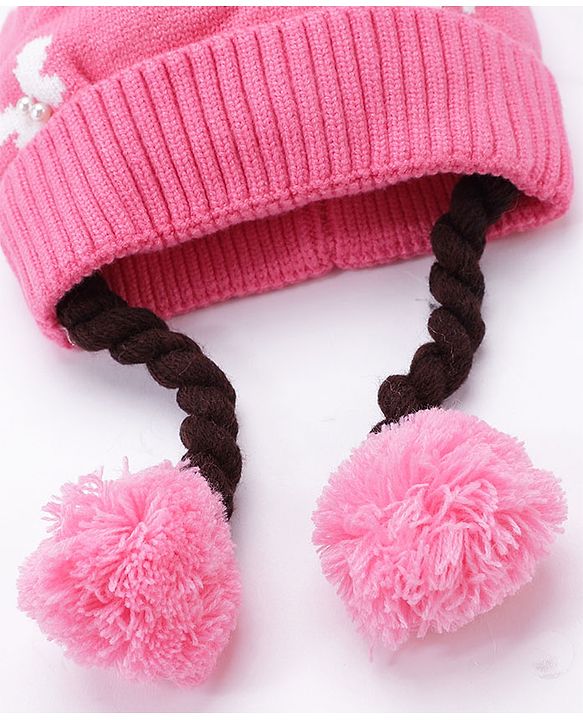 Babyhug Bow Woollen Cap Butterfly Design Medium Size - Pink