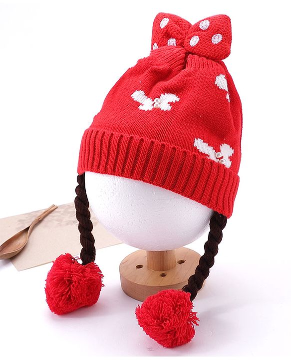 Babyhug Bow Woollen Cap Butterfly Design Medium Size - Pink