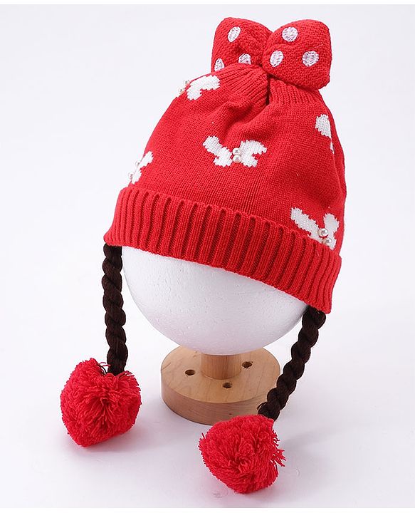 Babyhug Bow Woollen Cap Butterfly Design Medium Size - Pink