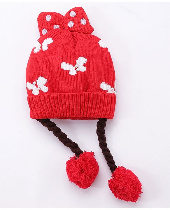 Babyhug Bow Woollen Cap Butterfly Design Medium Size - Pink