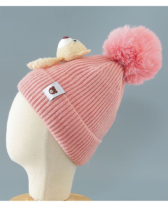 Babyhug Woollen Cap With Bear Design - Pink