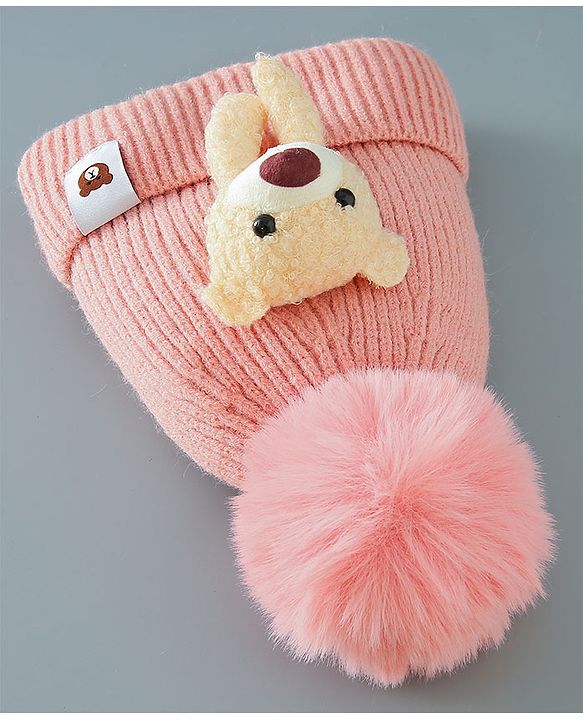 Babyhug Woollen Cap With Bear Design - Pink