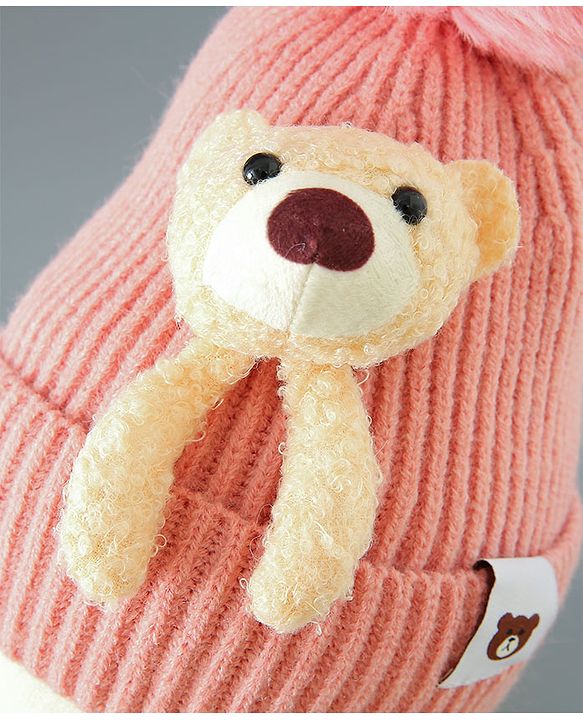 Babyhug Woollen Cap With Bear Design - Pink