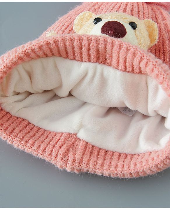 Babyhug Woollen Cap With Bear Design - Pink