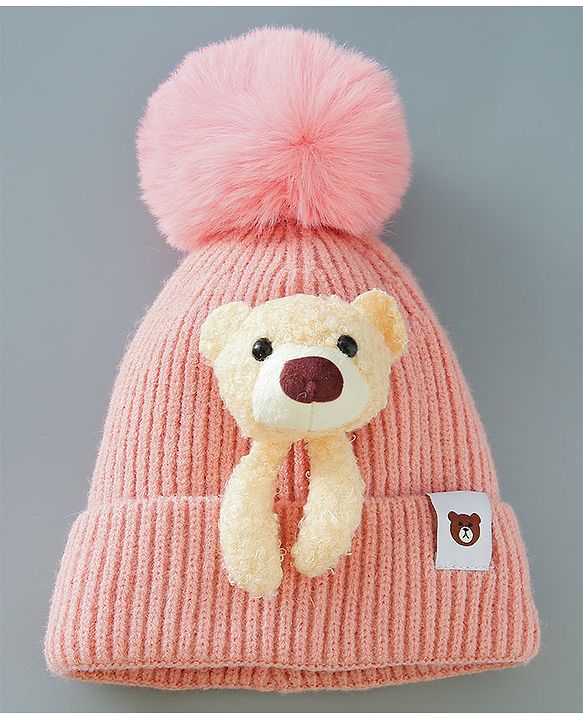Babyhug Woollen Cap With Bear Design - Pink