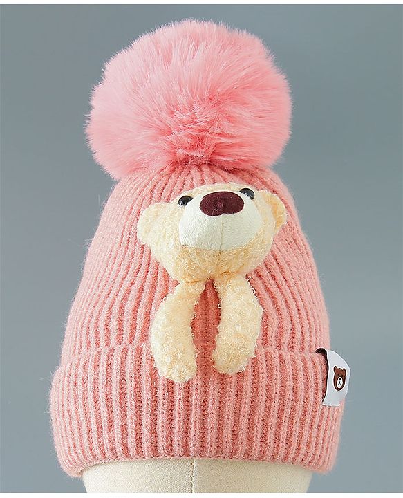 Babyhug Woollen Cap With Bear Design - Pink