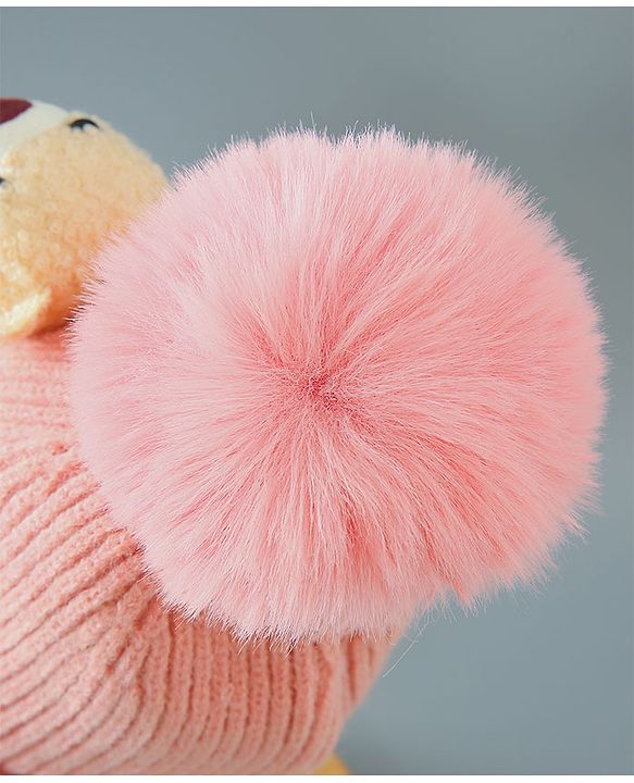 Babyhug Woollen Cap With Bear Design - Pink