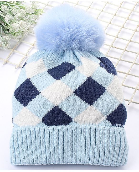 Babyhug Pom Pom Woollen Checked Cap Small Size - Blue