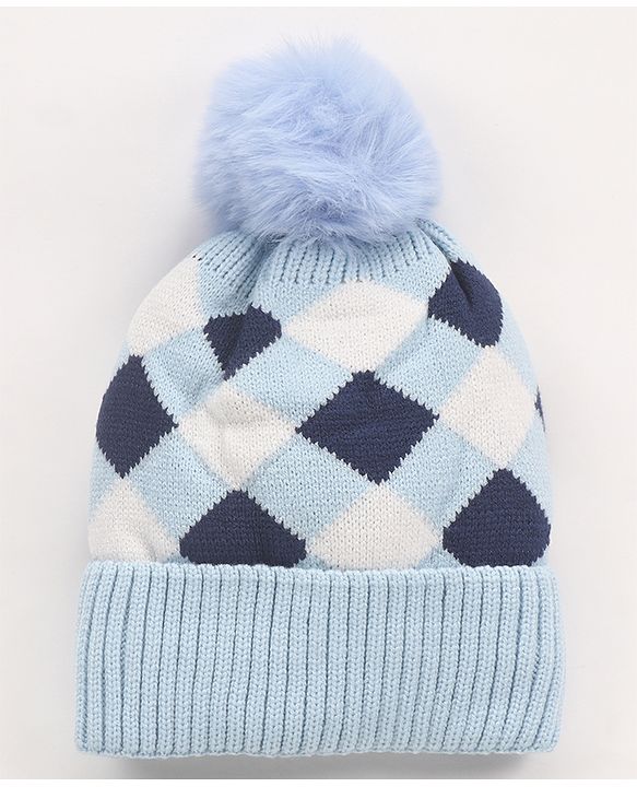 Babyhug Pom Pom Woollen Checked Cap Medium Size - Blue