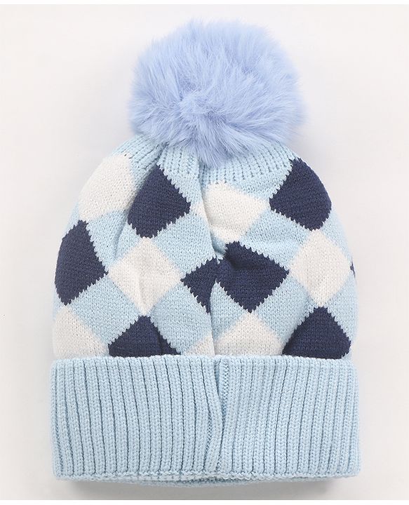 Babyhug Pom Pom Woollen Checked Cap Medium Size - Blue