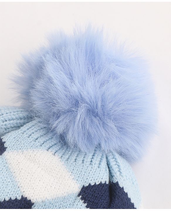 Babyhug Pom Pom Woollen Checked Cap Medium Size - Blue