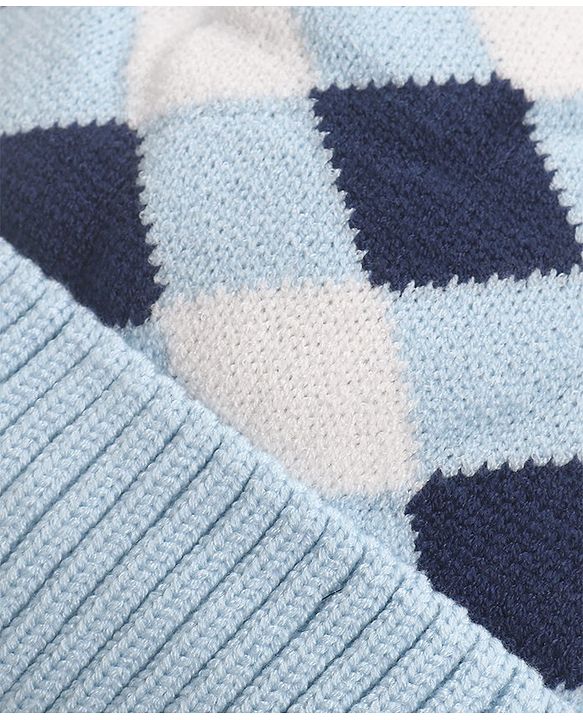 Babyhug Pom Pom Woollen Checked Cap Medium Size - Blue