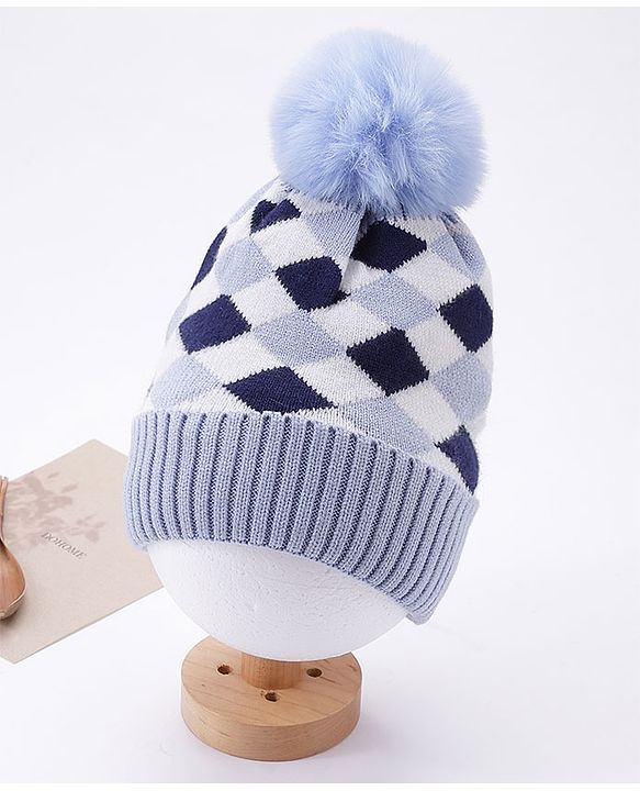Babyhug Pom Pom Woollen Checked Cap Large Size - Blue