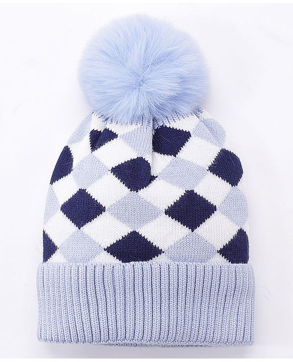 Babyhug Pom Pom Woollen Checked Cap Large Size - Blue