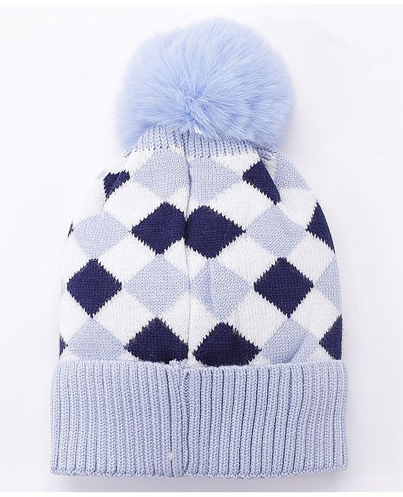 Babyhug Pom Pom Woollen Checked Cap Large Size - Blue