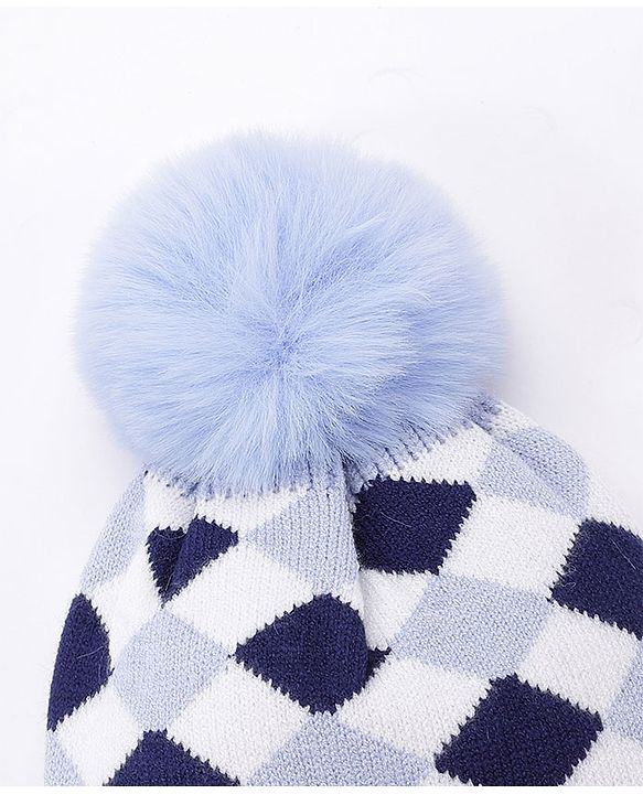 Babyhug Pom Pom Woollen Checked Cap Large Size - Blue