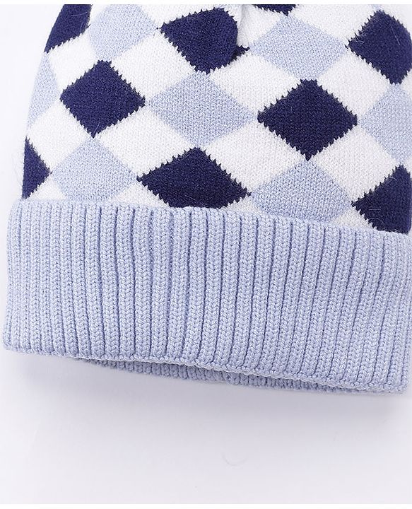 Babyhug Pom Pom Woollen Checked Cap Large Size - Blue