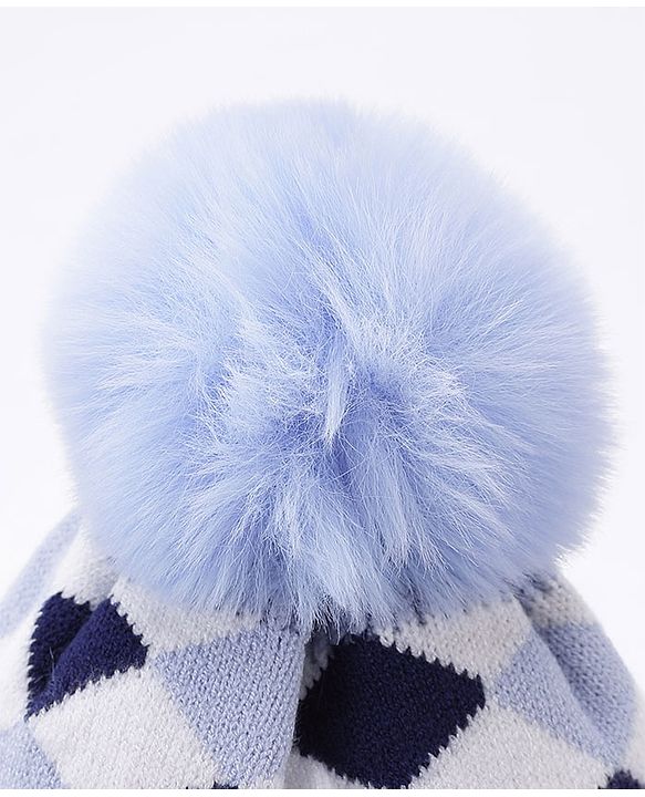 Babyhug Pom Pom Woollen Checked Cap Large Size - Blue