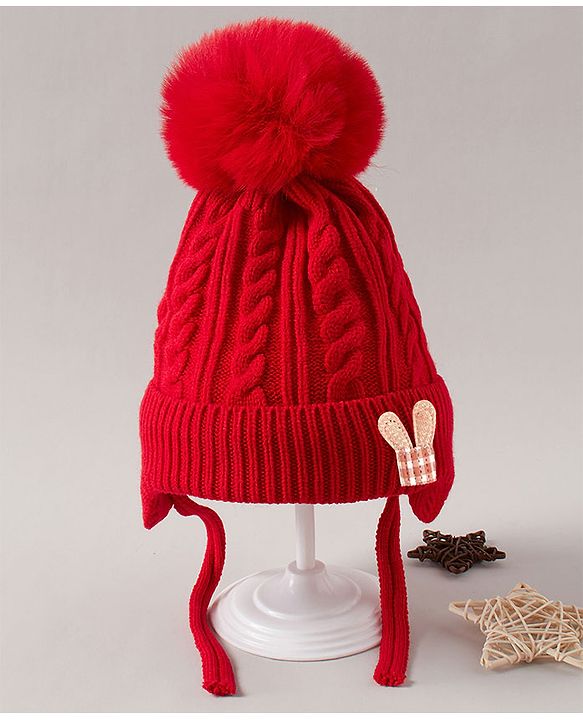 Babyhug Woollen Cap With Pompom Design Red - Diameter 10 cm