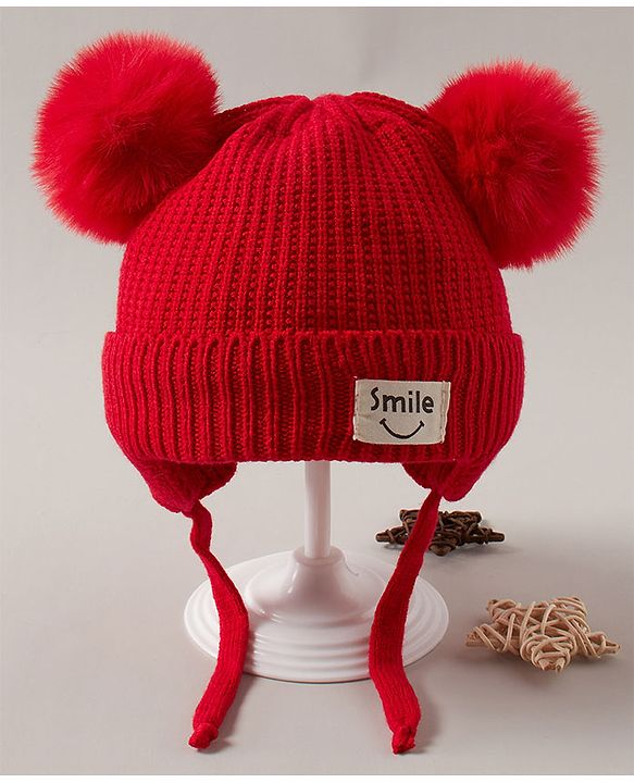 Babyhug Pom Pom Woollen Cap  Smile Design Medium Size - Red
