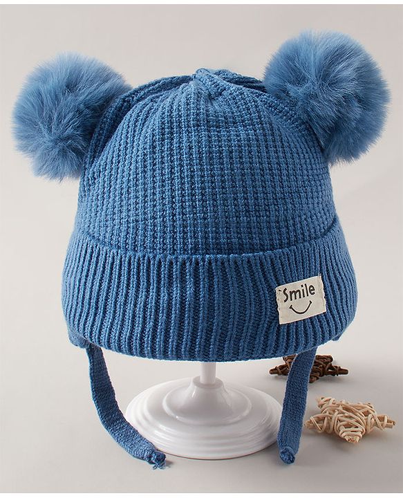 Babyhug Pom Pom Woollen Cap  Smile Design Large Size - Blue