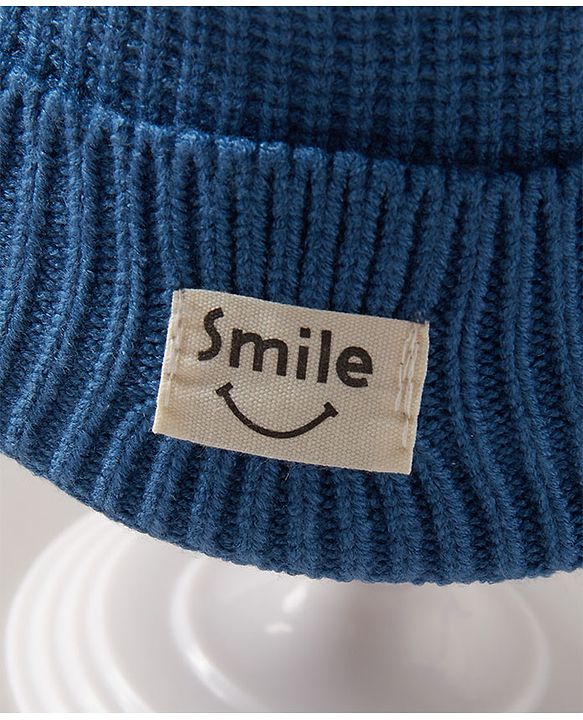 Babyhug Pom Pom Woollen Cap  Smile Design Large Size - Blue