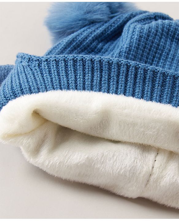 Babyhug Pom Pom Woollen Cap  Smile Design Large Size - Blue