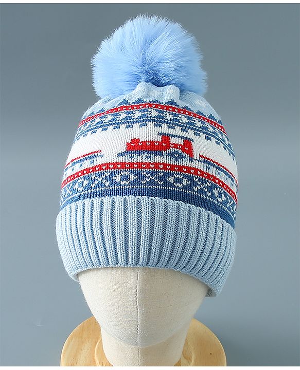 Babyhug Pom Pom Woollen Cap Train Design Large Size - Blue