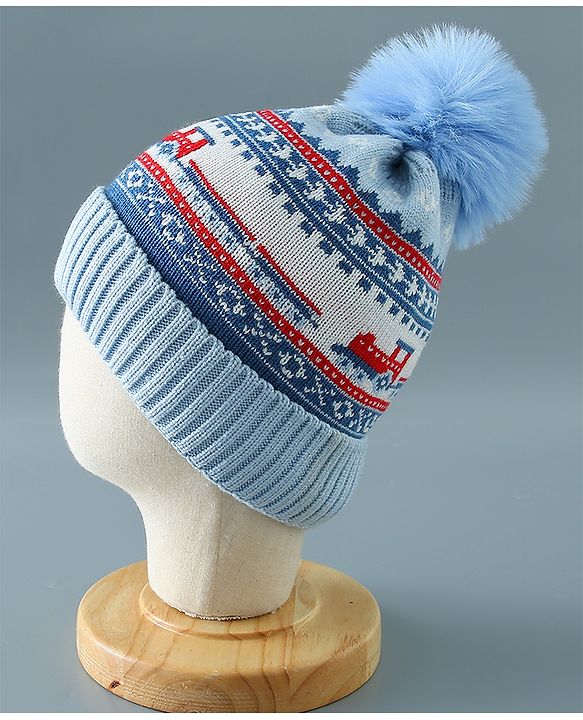 Babyhug Pom Pom Woollen Cap Train Design Large Size - Blue
