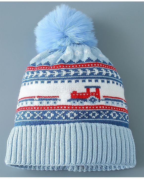 Babyhug Pom Pom Woollen Cap Train Design Large Size - Blue