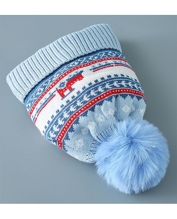 Babyhug Pom Pom Woollen Cap Train Design Large Size - Blue