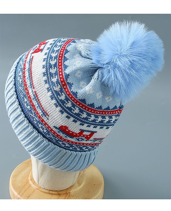 Babyhug Pom Pom Woollen Cap Train Design Large Size - Blue