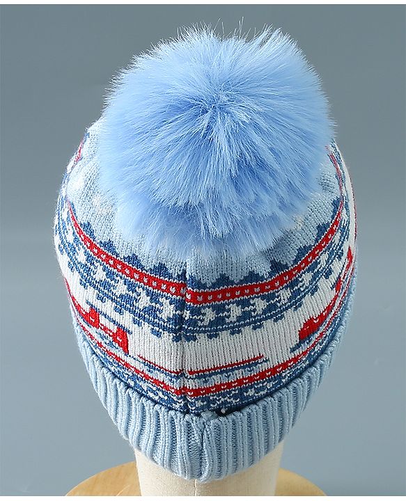 Babyhug Pom Pom Woollen Cap Train Design Large Size - Blue
