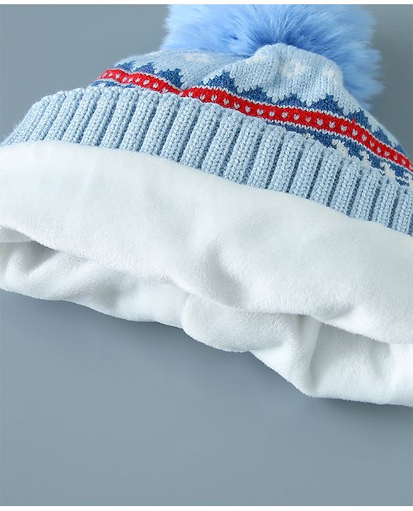 Babyhug Pom Pom Woollen Cap Train Design Large Size - Blue