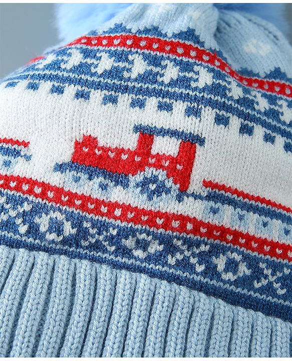 Babyhug Pom Pom Woollen Cap Train Design Large Size - Blue