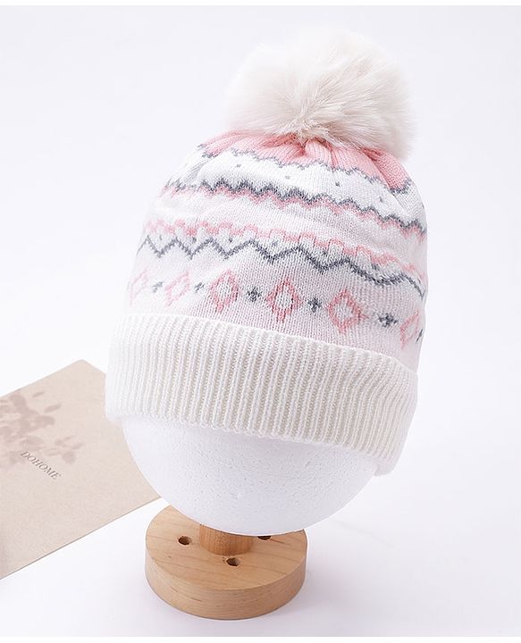 Babyhug Pom Pom Woollen Cap Chevron Design Medium Size - White
