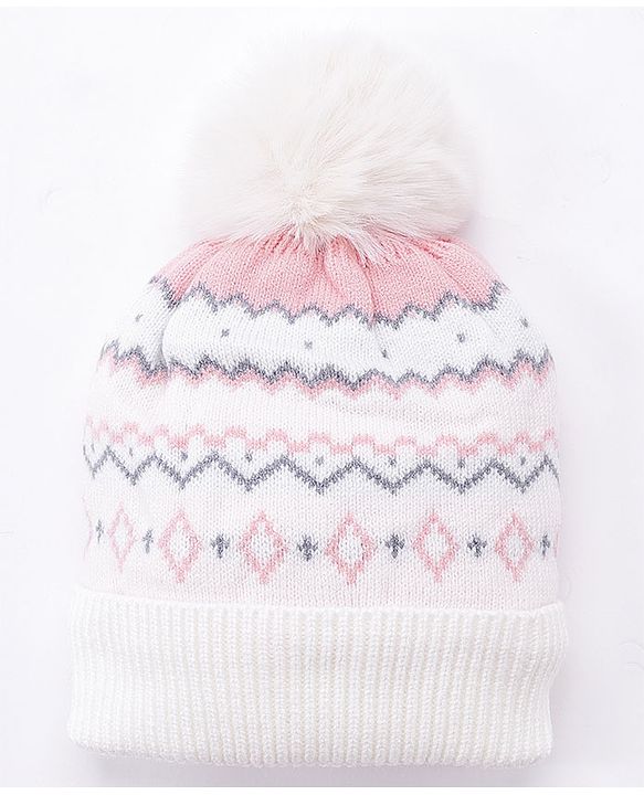 Babyhug Pom Pom Woollen Cap Chevron Design Medium Size - White