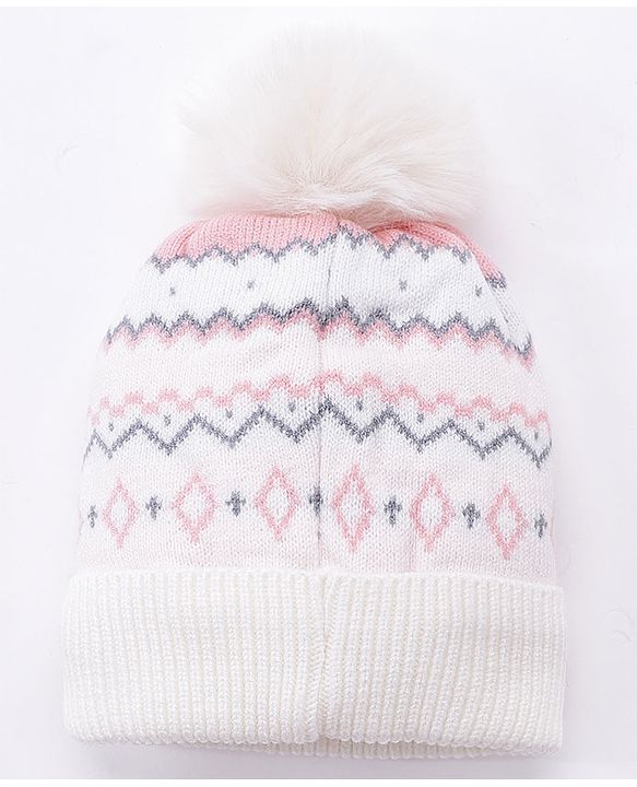 Babyhug Pom Pom Woollen Cap Chevron Design Medium Size - White