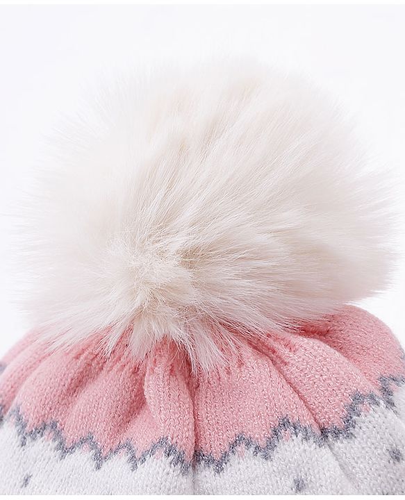 Babyhug Pom Pom Woollen Cap Chevron Design Medium Size - White